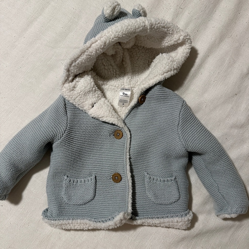 Carter's light Blue and Cream Knitted Baby Jacket with Hood and Ears Sz 9m